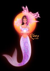 1girl 2020 artist_name black_background black_hair blackpink c-art-y circle closed_eyes closed_mouth commentary english_commentary eyeshadow full_body highres jisoo_(blackpink) k-pop long_hair makeup mermaid monster_girl pink_lips real_life solo