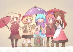 5girls :d aki_minoriko aki_shizuha animal_ears aqua_vest arinu bag black_legwear blonde_hair blue_hair blue_skirt blush bow brown_coat brown_footwear brown_hair brown_skirt closed_eyes coat cold dress eating food geta hair_bow hair_ornament hat holding holding_umbrella hood hood_down hooded_coat imaizumi_kagerou jizou juliet_sleeves leaf_hair_ornament long_hair long_sleeves multiple_girls open_mouth paper_bag pink_coat pink_skirt puffy_sleeves purple_bow purple_scarf purple_umbrella red_coat red_eyes red_hair red_hat red_umbrella scarf sekibanki short_hair skirt smile snow taiyaki tatara_kogasa touhou trembling umbrella vest wagashi white_dress winter winter_clothes wolf_ears