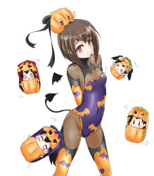 &gt;_&lt; &gt;_o 0_0 5girls :3 akagi_(kancolle) alternate_costume animal_print arms_behind_back bat_print black_hair black_ribbon black_wings blush bodystocking breasts brown_hair chibi closed_mouth commentary_request covered_navel cowboy_shot demon_tail demon_wings detached_wings drooling expressionless expressive_clothes fishnet_bodystocking fishnet_pantyhose fishnets groin halloween hat hat_ribbon highres hiryuu_(kancolle) jitome kaga_(kancolle) kantai_collection komu_(8697036) legs_apart leotard looking_at_viewer mini_person minigirl motion_lines multiple_girls one_eye_closed orange_hat pantyhose print_legwear pumpkin_costume pumpkin_hat purple_leotard ribbon saliva short_hair small_breasts smile solid_oval_eyes souryuu_(kancolle) standing strapless strapless_leotard taihou_(kancolle) tail thighhighs thighhighs_over_pantyhose twintails unmoving_pattern wings yellow_legwear