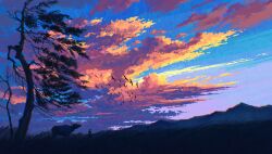 1other absurdres animal cloud cloudy_sky cow evening fangpeii grass highres mountain original outdoors scenery silhouette simple_bird sky tree