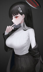 Rule 34 | absurdres, black jacket, black skirt, blue archive, blush, breasts, dongyu, hair behind ear, hair ornament, hairclip, highres, jacket, large breasts, long hair, looking at viewer, parted lips, rio (blue archive), skirt, solo, sweater, turtleneck, turtleneck sweater, white sweater