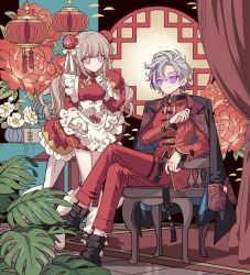 1boy 1girl apron bun_cover chair chinese_clothes closed_mouth commission crossed_legs curtains dress flower frilled_apron frills full_body fuwa_minato grey_hair hair_between_eyes hair_ribbon highres indoors lattice long_hair long_sleeves looking_at_viewer meremero multicolored_hair nijisanji on_chair original pants pink_eyes pink_hair plant potted_plant purple_eyes purple_hair red_dress red_flower red_pants red_shirt ribbon second-party_source shirt shoes short_hair sitting smile standing streaked_hair vase virtual_youtuber waist_apron white_apron window