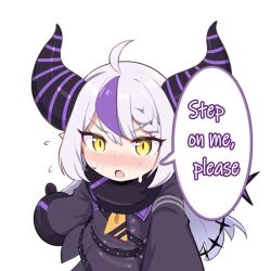 1girl :o ahoge belt belt_buckle blush buckle coat demon_girl demon_horns demon_tail hair_between_eyes highres hololive horns keven_(ewdx3754) la+_darknesss large_sleeves long_hair looking_at_viewer multicolored_hair oversized_clothes oversized_sleeves pov sidelocks simple_background speech_bubble streaked_hair sweat sweatdrop tail text_focus very_long_hair white_background white_hair yellow_eyes