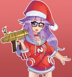 1girl adult_neptune blush bow breasts choker christmas cleavage collar collarbone d-pad female_focus hair_bow hair_ornament hat highres holding holding_weapon hood hooded_track_jacket hoodie jacket long_hair long_sleeves looking_at_viewer mahruru medium_breasts neptune_(series) no_bra one_eye_closed open_clothes open_mouth pink_hair purple_eyes santa_costume santa_hat shin_jigen_game_neptune_vii smile solo solo_focus star_(symbol) team_fortress_2 thigh_strap track_jacket usb weapon