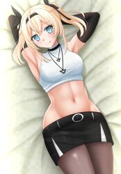 1girl ;q armpits arms_behind_head arms_up bed_sheet belt belt_buckle black_belt black_gloves black_hairband black_ribbon black_skirt blonde_hair blue_eyes blush breasts brown_pantyhose buckle commentary_request crop_top elbow_gloves gloves groin hair_ribbon hairband highres hololive kazama_iroha kazenokaze looking_at_viewer medium_breasts navel one_eye_closed pantyhose ribbon romaji_commentary shirt skirt sleeveless sleeveless_shirt solo tongue tongue_out twintails virtual_youtuber white_shirt
