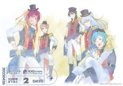 5boys :d ahoge arm_at_side arm_between_legs asymmetrical_hair black_boots black_hair black_hat black_shirt blue_bow blue_bowtie blue_hair blue_jacket blue_ribbon blue_sash boots bow bowtie braid braided_sidelock buttons closed_mouth colored_inner_hair contrapposto copyright_name copyright_notice countdown cropped_legs dated double-breasted double-parted_bangs eccentric_five_(ensemble_stars!) ensemble_stars! epaulettes floating_hair foot_up fringe_trim from_below from_side gloves green_eyes grey_hair hair_between_eyes hair_bun half_gloves hand_on_own_hip hand_up hat hat_ribbon hibiki_wataru honda_takeshi itsuki_shu jacket knee_boots knees_up long_hair long_sleeves looking_at_viewer looking_down looking_to_the_side male_focus mandarin_collar mini_hat mini_top_hat multicolored_hair multicolored_jacket multiple_boys neck_ribbon official_art open_clothes open_collar open_jacket open_mouth orange_eyes orange_jacket orange_ribbon pants parted_bangs pink_hair purple_eyes purple_vest red_eyes red_hair ribbon sakasaki_natsume sakuma_rei_(ensemble_stars!) sash shinkai_kanata shirt short_hair shoulder_sash sidelocks single_side_bun sitting smile standing star_(symbol) tilted_headwear top_hat turning_head two-tone_jacket undone_neck_ribbon v-shaped_eyebrows vest waist_sash waving white_background white_gloves white_hair white_pants white_sleeves yellow_background yellow_sash yellow_trim