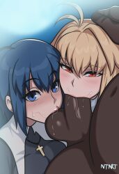 1boy 2girls antenna_hair arcueid_brunestud artist_name blonde_hair blue_eyes blush breasts ciel_(tsukihime) commentary cross cross_necklace dark-skinned_male dark_skin english_commentary erection fellatio ffm_threesome girthy_penis group_sex hair_between_eyes hand_on_another&#039;s_head hetero highres jewelry large_insertion looking_at_viewer medium_breasts medium_hair multiple_girls naughty_taboos necklace oral penis red_eyes saliva shadow shirt testicles threesome tsukihime tsukihime_(remake) uncensored upper_body white_shirt