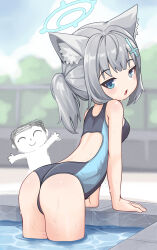 1boy 1girl absurdres animal_ear_fluff animal_ears arm_support doodle_sensei_(blue_archive) ass backless_swimsuit batazungharn blue_archive blue_eyes blue_halo blue_one-piece_swimsuit blush breasts bright_pupils commentary cowboy_shot cross_hair_ornament from_behind grey_hair hair_ornament halo highres leaning_forward looking_at_viewer looking_back medium_hair mismatched_pupils official_alternate_costume one-piece_swimsuit parted_lips petite sensei_(blue_archive) shiroko_(blue_archive) shiroko_(swimsuit)_(blue_archive) side_ponytail small_breasts solo_focus swimsuit wading wedgie white_pupils wolf_ears wolf_girl