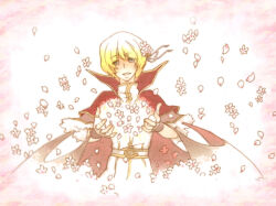 Rule 34 | 1boy, bell, blonde hair, capelet, cherry blossoms, commentary request, cowboy shot, fingerless gloves, flower, fur-trimmed capelet, fur trim, gloves, green eyes, hair bell, hair flower, hair ornament, hair ribbon, high wizard (ragnarok online), jingle bell, looking at viewer, male focus, micoto, open mouth, pink flower, purple ribbon, ragnarok online, red capelet, ribbon, shirt, smile, solo, white background, white gloves, white shirt