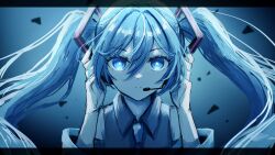 1girl absurdres blue_background blue_eyes blue_hair blue_nails blue_necktie collared_shirt commentary debris floating_hair gradient_background grey_shirt hair_between_eyes hand_on_headset hands_on_headphones hands_on_own_head hands_up hatsune_miku headphones headset hibikase_(vocaloid) highres letterboxed long_hair looking_at_viewer necktie parted_lips portrait radial_gradient_background saikisaika shirt sleeveless sleeveless_shirt solo twintails very_long_hair vocaloid