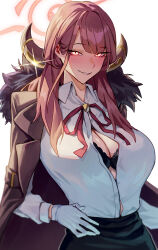 1girl aru_(blue_archive) biting_own_lip black_bra black_skirt blue_archive blush bra breasts celyn404 coat coat_on_shoulders demon_horns dress_shirt fur-trimmed_coat fur_trim gloves halo highres horns huge_breasts long_sleeves looking_at_viewer pink_hair shirt shirt_tucked_in skirt smile solo underwear upper_body white_gloves white_shirt