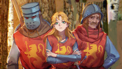 1girl 2boys armor blonde_hair brown_eyes brown_hair closed_mouth crossed_arms facial_hair gongxiao_zao green_eyes helmet highres knight long_hair long_sleeves looking_at_viewer mount_&amp;_blade multiple_boys mustache original outdoors polearm shield spear tree warrior weapon