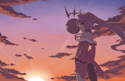 1girl absurdres bare_shoulders cloud creature expressionless floating_hair highres jacket long_hair looking_at_viewer looking_back misaki_(princess_connect!) multicolored_hair princess_connect! red_eyes ribbonsnek sky sunset twintails two-tone_hair very_long_hair wind