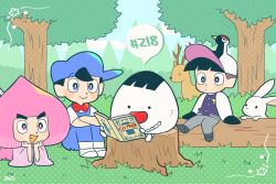 Rule 34 | 3boys, black hair, blue hat, bow, bowtie, character request, deer, fallen tree, food, fruit, hat, jacket, letterman jacket, lying, male focus, multiple boys, on stomach, open mouth, outdoors, peach, reading, red bow, red bowtie, seizei ganbare! mahou shoujo kurumi, sitting on tree stump, smile, speech bubble, tree, tsunoji, white rabbit (animal)