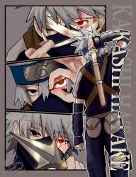 Rule 34 | 1boy, bandages, black eyes, blood, bloody bandages, character name, forehead protector, grey background, hair between eyes, hatake kakashi, heterochromia, highres, holding, holding kunai, holding sword, holding weapon, konohagakure symbol, kunai, male focus, mask, mouth mask, multiple views, naruto (series), red eyes, rezo012607, scar, scar across eye, scar on face, sharingan, sheath, spiked hair, sword, unsheathing, weapon