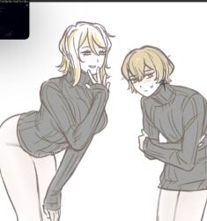 1boy 1girl blonde_hair closed_mouth cosplay cowboy_shot crossed_arms earrings faust_(project_moon) faust_(project_moon)_(cosplay) hand_up highres jewelry limbus_company long_sleeves looking_at_viewer multicolored_hair n_corp._fanatic_(identity)_(project_moon) no_panties ohzv pale_skin project_moon ribbed_sweater short_hair simple_background sinclair_(project_moon) streaked_hair sweat sweater white_background white_hair yellow_eyes