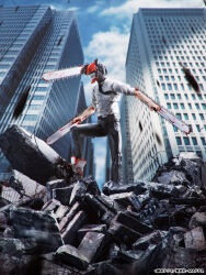 Rule 34 | 1boy, action figure, bandai, bandai namco, belt, belt buckle, blood, buckle, building, chainsaw man, denji (chainsaw man), formal clothes, fujimoto tatsuki, official art, photo (medium), promotional art, s.h.figuarts, sharp teeth, shoes, studio mappa, suit, tamashii, tamashii nations, teeth, tongue, tongue out, toy, yellow eyes