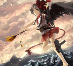 Rule 34 | 1girl, asymmetrical sleeves, black hair, black shoes, black sleeves, black wings, cloud, cloudy sky, commentary request, detached sleeves, feathered wings, foot out of frame, forest, from below, geta, hauchiwa, katana, knees, looking at viewer, mask, mask on head, miniskirt, mountainous horizon, nature, orange sky, pom pom (clothes), red eyes, red shirt, red skirt, rope, shameimaru aya, shimenawa, shiro hi, shirt, shoes, skirt, sky, solo, sword, tassel, tengu-geta, tengu mask, touhou, vest, weapon, white vest, wings