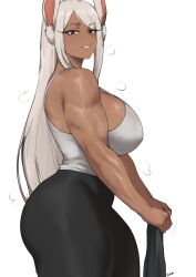 Rule 34 | 1girl, artist name, bare shoulders, batako (batakoart), boku no hero academia, breasts, dark-skinned female, dark skin, female focus, large breasts, mirko, muscular, muscular female, pants, rabbit ears, red eyes, simple background, sweat, tank top, toned, toned female, white background, white hair