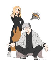 1boy 1girl :d black_shirt black_skirt blonde_hair cigarette coat eyepatch franken_stein_(soul_eater) glasses green_eyes grey_hair highres hissiu holding holding_cigarette lab_coat long_hair long_skirt long_sleeves looking_at_viewer marie_mjolnir open_mouth pointing pointing_at_viewer round_eyewear shirt shoes short_hair simple_background skirt smile soul_eater squatting standing teeth v-shaped_eyebrows white_background white_coat yellow_eyes