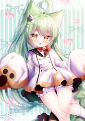 Rule 34 | 1girl, :3, ahoge, akashi (azur lane), animal ears, azur lane, bell, bloomers, blush, braid, cat ears, dress, green hair, hair ornament, hairclip, hamiyamiko, highres, jingle bell, long hair, long sleeves, neck bell, neck ribbon, open mouth, ribbon, short dress, sleeveless, sleeveless dress, solo, thighs, underwear, very long hair, white bloomers, yellow eyes