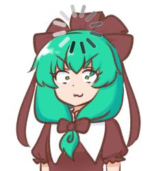 1girl :3 black_outline bow brown_bow brown_ribbon brown_shirt closed_mouth commentary_request constricted_pupils dot_nose front_ponytail green_eyes green_hair hair_bow hair_ribbon kagiyama_hina loading_icon looking_at_viewer medium_hair mizusoba outline partial_commentary puffy_short_sleeves puffy_sleeves ribbon shirt short_sleeves simple_background solo thinking touhou upper_body white_background