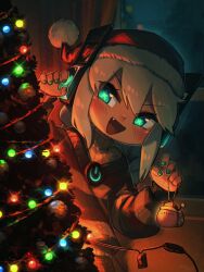 1girl absurdres aqua_eyes candy_snail_(porforever) christmas christmas_tree claw_pose commentary digitan_(porforever) english_commentary fur-trimmed_headwear fur_trim green_nails hair_between_eyes hands_up hat headphones highres indoors long_hair nail_polish original pom_pom_(clothes) porforever power_symbol red_hat santa_hat solo star-shaped_pupils star_(symbol) striped_clothes striped_sweater sweater symbol-shaped_pupils v-shaped_eyebrows white_hair window