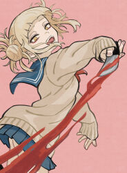1girl ass blonde_hair blood bloody_knife blue_sailor_collar blue_skirt boku_no_hero_academia cardigan double_bun fangs hair_bun highres holding holding_knife knife messy neckerchief open_mouth pink_hair pleated_skirt red_neckerchief sailor_collar sidelocks simple_background skirt slit_pupils solo teeth toga_himiko tomura_kino yellow_cardigan yellow_eyes
