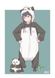 1girl animal_ear_hood artist_name bamboo bang_dream! bang_dream!_it&#039;s_mygo!!!!! black_hair blue_background blush border chinese_commentary commentary_request fake_animal_ears hands_on_own_hips highres hood hood_up mole mole_under_eye onesie open_mouth outside_border panda purple_eyes ray_(aesoi345) shiina_taki sidelocks simple_background solo white_border