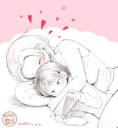 2girls absurdres age_difference blush closed_eyes highres jewelry lying midriff multiple_girls navel onee-loli original pale_color pillow short_hair spooning takeno_(takenoo2) yuri
