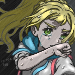 1girl absurdres backpack bag blonde_hair clenched_hand closed_mouth commentary_request crying crying_with_eyes_open eyelashes green_eyes grey_shirt hand_up highres hiyokko2min lillie_(pokemon) long_hair nintendo pink_bag pokemon pokemon_sm ponytail rain shirt short_sleeves solo streaming_tears tears translation_request upper_body wet wet_hair