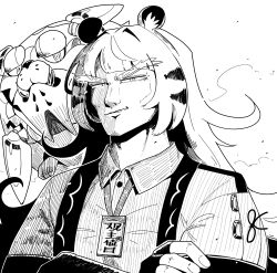 1girl animal_ears collared_shirt crossed_arms daku_k fingerless_gloves gloves greyscale grin highres hu_wei_(zenless_zone_zero) jacket ju_fufu looking_at_viewer monochrome shirt smile solo striped_hair tiger_ears tiger_girl tiger_stripes upper_body white_background zenless_zone_zero