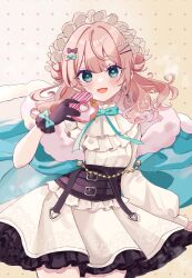1girl :d asymmetrical_sleeves black_gloves blue_bow blue_cloak blue_eyes bow brown_background cloak commentary_request donut food fur-trimmed_cloak fur_trim gloves hair_bow hair_ornament hairclip hand_up highres holding holding_food long_sleeves looking_at_viewer open_mouth original pink_hair pleated_skirt puffy_long_sleeves puffy_sleeves purple_bow rino_cnc shirt skirt smile solo twitter_username white_shirt white_skirt