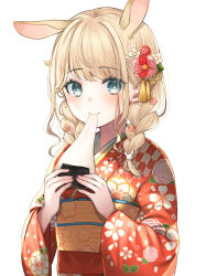 1girl absurdres animal_ears blonde_hair blush braid closed_mouth eating floral_print floral_print_kimono flower flower_braid food furisode hair_flower hair_ornament highres hololive japanese_clothes kanzashi kazama_iroha kimono looking_at_viewer low_twin_braids medium_hair mochi obi orange_kimono print_kimono rabbit_ears sash simple_background smile solo tassel tassel_hair_ornament twin_braids upper_body virtual_youtuber white_background wide_sleeves yoshioka_(today_is_kyou)