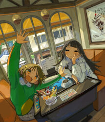 2girls amamoto_air arm_up black_eyes black_hair blush brown_eyes brown_hair cafe closed_mouth coffee commentary_request cup day food green_sweater half-closed_eyes head_rest highres indoors long_hair long_sleeves looking_at_viewer multiple_girls open_mouth original pudding shirt short_hair sitting sweater table wall_lamp white_shirt window