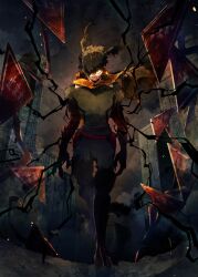 1boy belt black_sky black_whip_(boku_no_hero_academia) boku_no_hero_academia building cape city commentary_request full_body green_eyes green_jumpsuit highres jumpsuit looking_ahead male_focus midoriya_izuku one_eye_covered red_belt road_sign ryo_(piggerworld) sign sky skyscraper solo torn_cape torn_clothes yellow_cape