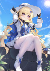 1girl absurdres black_bow black_collar black_gloves blonde_hair blue_sash blue_sky blush book book_stack boots bow chinese_commentary closed_mouth collar commentary day english_commentary gloves hair_bow hair_ornament hands_on_headwear hat highres kuroida long_hair long_sleeves looking_at_viewer mixed-language_commentary multilingual_commentary outdoors paid_reward_available pantyhose phoebe_(wuthering_waves) purple_eyes sash shirt sitting skirt sky smile solo striped_bow thighband_pantyhose very_long_hair white_boots white_hat white_pantyhose white_shirt white_skirt wuthering_waves x_hair_ornament