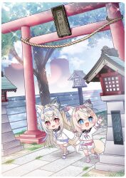 Rule 34 | 2girls, :d, absurdres, animal ear fluff, animal ears, arm up, belt, belt buckle, black collar, blue belt, blue eyes, blue hair, blue hairband, blue sky, breasts, brown socks, brown thighhighs, buckle, building, chibi, cloud, collar, comiket 106, commentary request, crop top, day, dog ears, dog girl, dog tail, dress, fake horns, fishnet socks, fishnet thighhighs, fishnets, frilled shorts, frilled sleeves, frills, fuwawa abyssgard, fuwawa abyssgard (1st costume), hair ornament, hairband, hairclip, highres, hololive, hololive english, horns, kadose ara, long hair, long sleeves, medium breasts, midriff, mococo abyssgard, mococo abyssgard (1st costume), multicolored hair, multiple girls, navel, open mouth, outdoors, pink belt, pink eyes, pink hair, pink hairband, shirt, shoes, short sleeves, shorts, single thighhigh, sky, skyscraper, sleeves past fingers, sleeves past wrists, smile, socks, stone lantern, streaked hair, tail, textless version, thighhighs, torii, tree, two side up, very long hair, virtual youtuber, walking, white dress, white shirt, white shoes, white shorts, x hair ornament