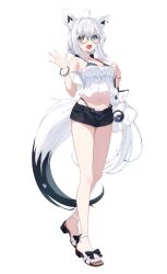 Rule 34 | 1girl, :d, absurdres, ahoge, alternate costume, animal ear fluff, animal ears, aqua eyes, bespectacled, bikini, black-framed eyewear, black bikini, black shorts, borumete, braid, commentary request, feet, fox ears, fox girl, fox tail, full body, glasses, hand up, highres, hololive, legs, long hair, midriff, navel, open fly, open mouth, ponytail, round eyewear, sandals, shirakami fubuki, short shorts, shorts, side braid, sidelocks, simple background, smile, solo, swimsuit, tail, toes, very long hair, virtual youtuber, waving, white background, white bag, white hair, white sandals
