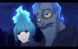 Rule 34 | 1girl, blue eyes, blue fire, blue hair, blue lips, colored skin, disneyland, dress, eyeshadow, fiery hair, fire, hades (disney), hercules (1997 movie), lipstick, long hair, long sleeves, looking at viewer, makeup, ms. hades, okoge1138, short hair, yellow eyes