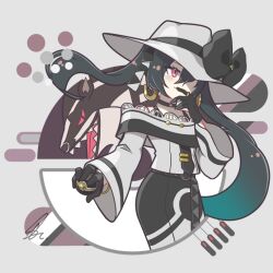 1girl bare_shoulders black_bow black_choker black_gloves black_hair black_skirt bow choker closed_mouth crossover dark_miku_(project_voltage) gen_8_pokemon gloves grey_background grey_headwear hair_over_one_eye hat hat_bow hatsune_miku holding holding_poke_ball jewelry long_hair long_sleeves luxury_ball nintendo obstagoon off-shoulder_shirt off_shoulder poke_ball pokemon project_voltage red_eyes ring saihate_(d3) shirt skirt smile twintails very_long_hair vocaloid white_shirt wide_sleeves