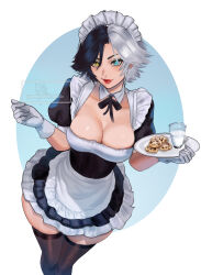 1girl absurdres apron arialla_draws black_dress black_hair black_thighhighs blue_eyes breasts cleavage closed_mouth collar collarbone cookie cup dress food gloves heterochromia highres holding holding_tray large_breasts looking_at_viewer luna_snow maid maid_apron maid_headdress marvel marvel_rivals milk multicolored_hair short_hair short_sleeves smile solo split-color_hair thighhighs tray two-tone_hair white_apron white_gloves white_hair