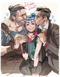 1girl 2boys apron arcane:_league_of_legends beard black_hair black_vest blue_hair blue_shirt brown_coat brown_hair closed_eyes coat collarbone english_text facial_hair grey_hair hand_on_another&#039;s_shoulder heart jinx_(league_of_legends) kiss kissing_forehead league_of_legends looking_at_viewer mixed-language_commentary multicolored_hair multiple_boys powder_(arcane) red_vest scar scar_across_eye scar_on_face shirt silco_(arcane) sitting swept_bangs tatsumi_(psmhbpiuczn) vander_(arcane) vest watermark white_background white_shirt