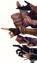 2girls absurdres achilles_(fate) bartholomew_roberts_(fate) blood blood_on_hands bracelet charlotte_corday_(fate) dark-skinned_male dark_skin fate/grand_order fate_(series) fingerless_gloves gauntlets gloves hand_focus haruakira highres jason_(fate) jewelry mandricardo_(fate) mochizuki_chiyome_(fate) multiple_boys multiple_girls out_of_frame paris_(fate) pointing reaching reaching_towards_viewer super_orion_(fate) thumbs_up torn_clothes torn_gloves