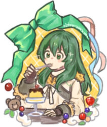 1girl asha_in_erinn fingerless_gloves food gloves green_eyes green_hair green_ribbon happy holding holding_spoon mabinogi pudding ribbon spoon tanilliem_(mabinogi)