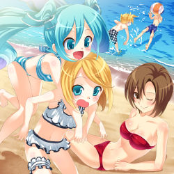 2boys 3girls :d aqua_eyes aqua_hair ball barefoot beach beachball bikini blonde_hair blue_hair blush brown_eyes brown_hair day frilled_thigh_strap hatsune_miku highres hisasi hug hug_from_behind kagamine_len kagamine_rin kaito_(vocaloid) long_hair meiko_(vocaloid) multiple_boys multiple_girls navel one_eye_closed open_mouth outdoors red_bikini short_hair smile striped_bikini striped_clothes swimsuit thigh_strap twintails vocaloid water wink yamaha