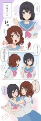 2girls alternate_hairstyle black_hair blue_sailor_collar blue_skirt blush breasts brown_eyes brown_hair closed_eyes closed_mouth embarrassed fluffy_hair hibike!_euphonium highres hug kitauji_high_school_uniform kousaka_reina lie_lack1080 multiple_girls neckerchief open_mouth oumae_kumiko pleated_skirt purple_eyes sailor_collar school_uniform serafuku shirt short_hair short_sleeves skirt smile