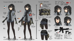1girl :c armband ass assault_rifle bag black_hair black_pantyhose blue_eyes breasts canadian_flag character_name reference_sheet color_guide english_text multiple_expressions flat_ass full_body glock glock_26 gloves gradient_background green_gloves gun handgun high_ponytail highres holster long_hair long_legs m4_carbine messenger_bag military_operator multiple_views name_tag ndtwofives original pantyhose ponytail pouch rifle shoes short_shorts shorts shoulder_bag sig_pro sig_sauer sleeves_rolled_up small_breasts smile sneakers thigh_holster thigh_pouch turtleneck vivian_zhao weapon