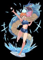 1girl barefoot black_background gen_1_pokemon green_eyes gyarados highres looking_at_viewer misty_(pokemon) nintendo onabe915 open_mouth orange_hair poke_ball pokemon pokemon_frlg short_hair simple_background skin_tight smile swimsuit water wet