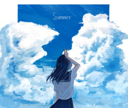 1girl black_hair black_sailor_collar black_skirt cloud commentary_request cumulonimbus_cloud english_text from_behind long_hair original pleated_skirt sailor_collar school_uniform serafuku shirt skirt sky solo summer twitter_username white_shirt yoruse